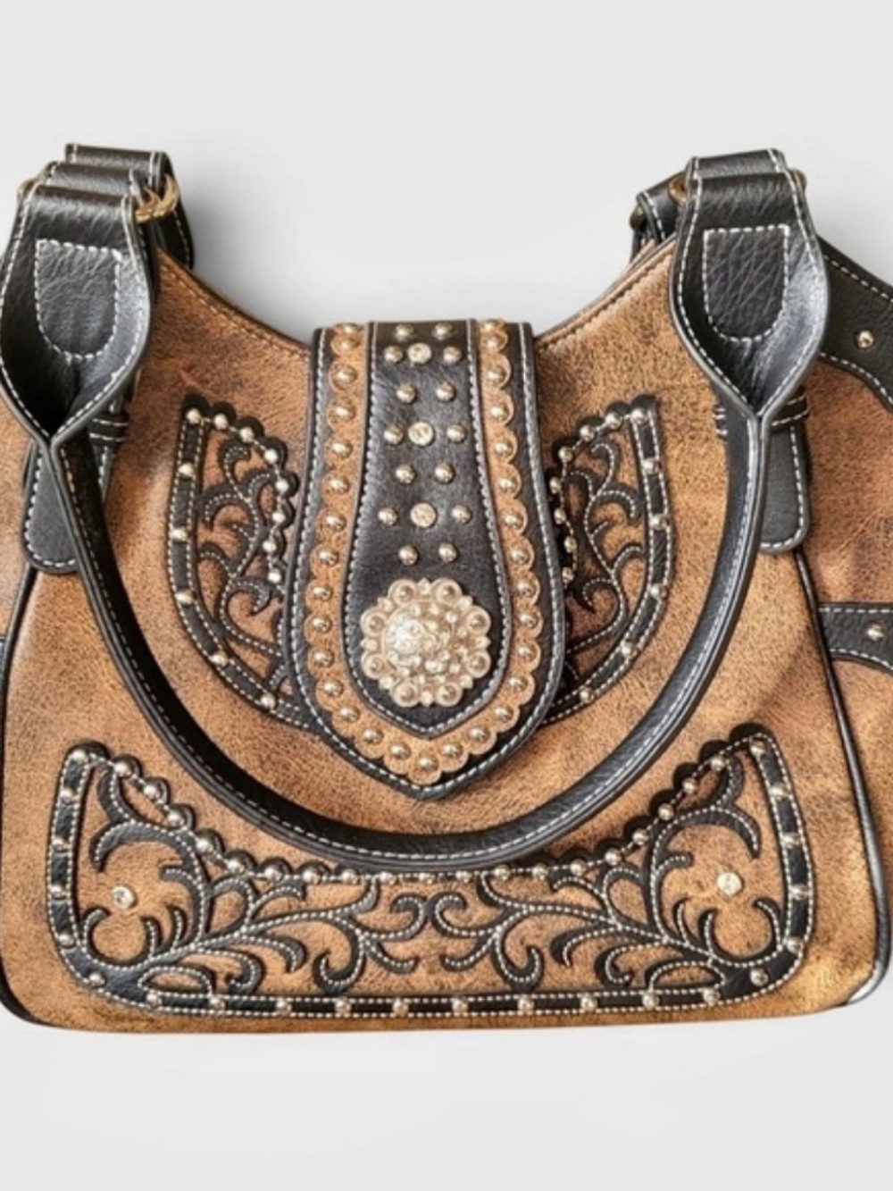 Western Bling Cowgirl Shoulder Bag Rhinestone Concho Tooled Studded Floral Purse